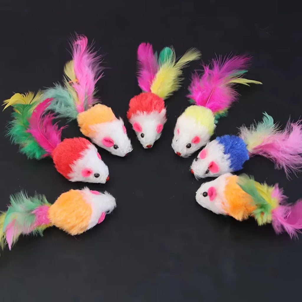 Brinquedos interativos para gatos, mouse falso de lã macia e fofa, pena colorida, brinquedo de treinamento engraçado para gatos, gatinho, suprimentos