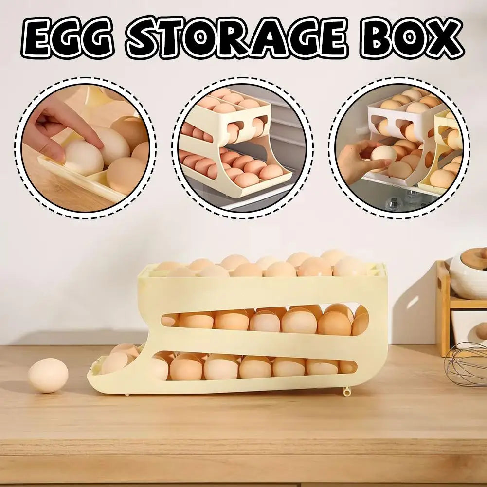 Organizador de ovos com rolagem automática para cozinha, dispensador de ovos de plástico, rack de armazenamento, suporte de ovos que economiza espaço para uso na geladeira, acessórios de cozinha