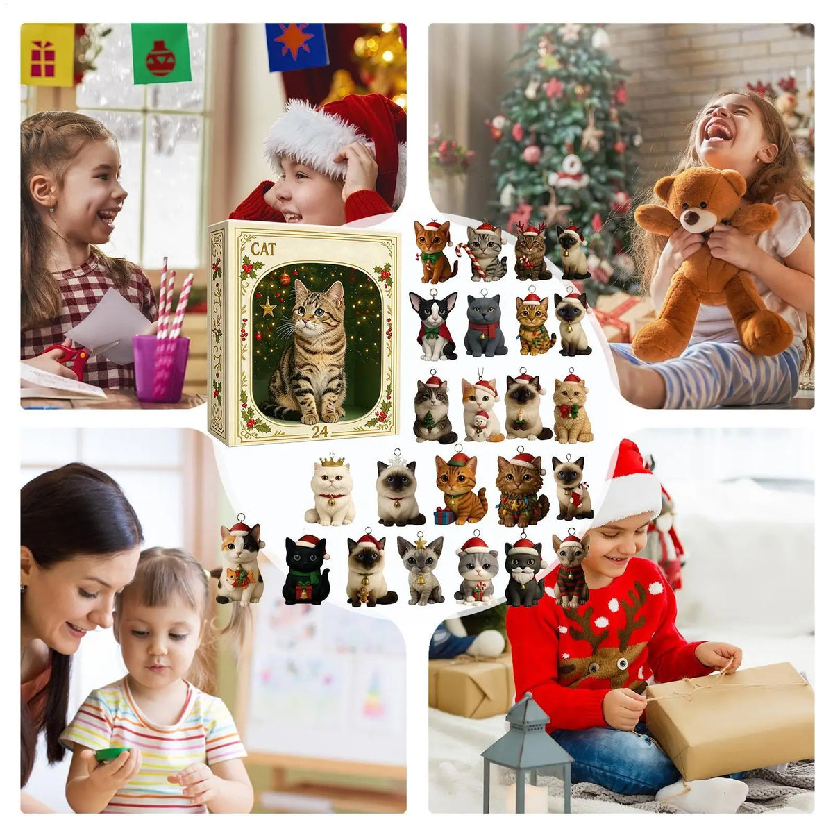Calendário de contagem regressiva de Natal com tema de gato, 24 dias, enfeites de gato em acrílico 2D, calendário de advento, enfeite para árvore de Natal, presente colecionável.