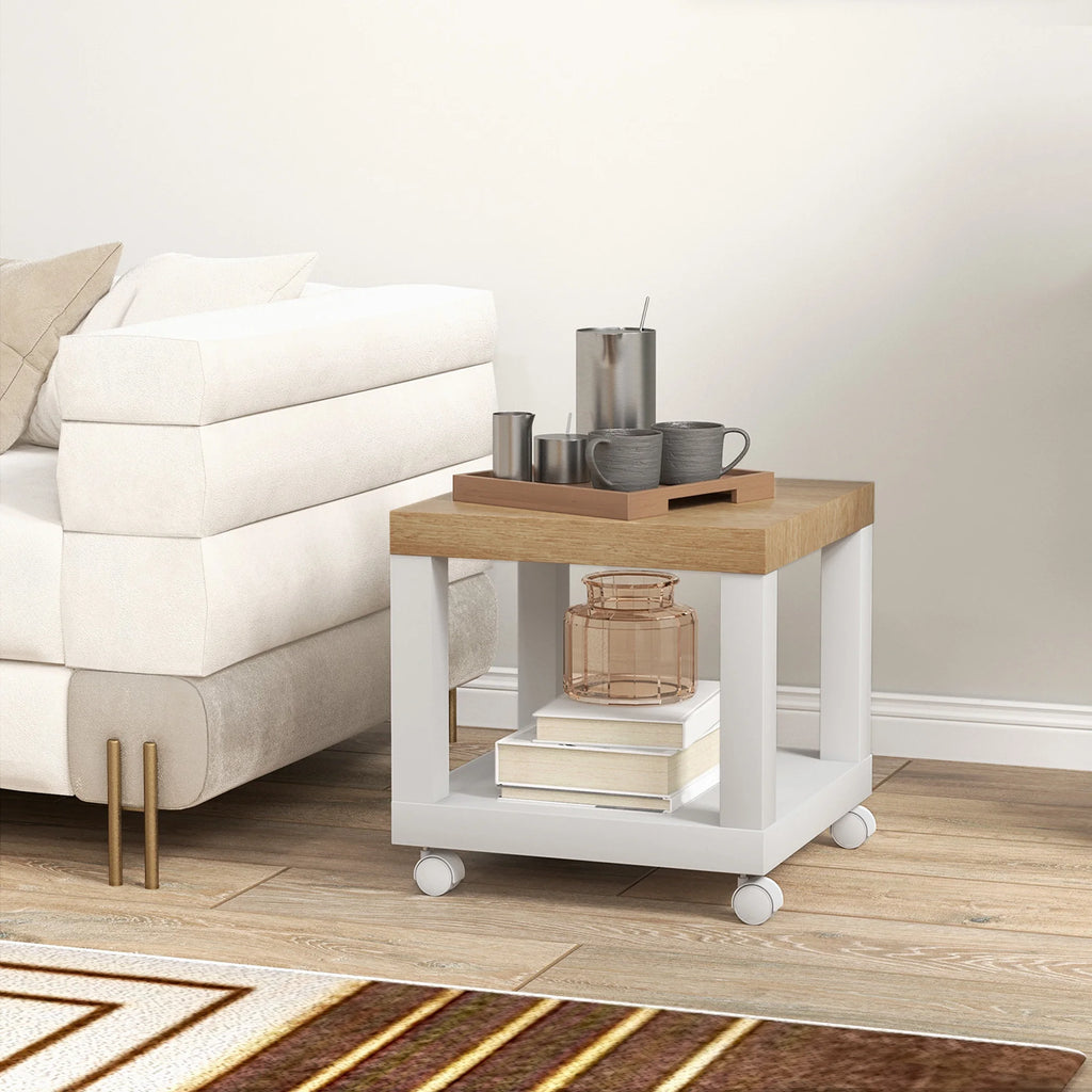 Mesa Lateral Homcom com Rodas e Prateleira Aberta para Sofá, Sala de Estar e Quarto 40X40X40 cm Natural e Branco