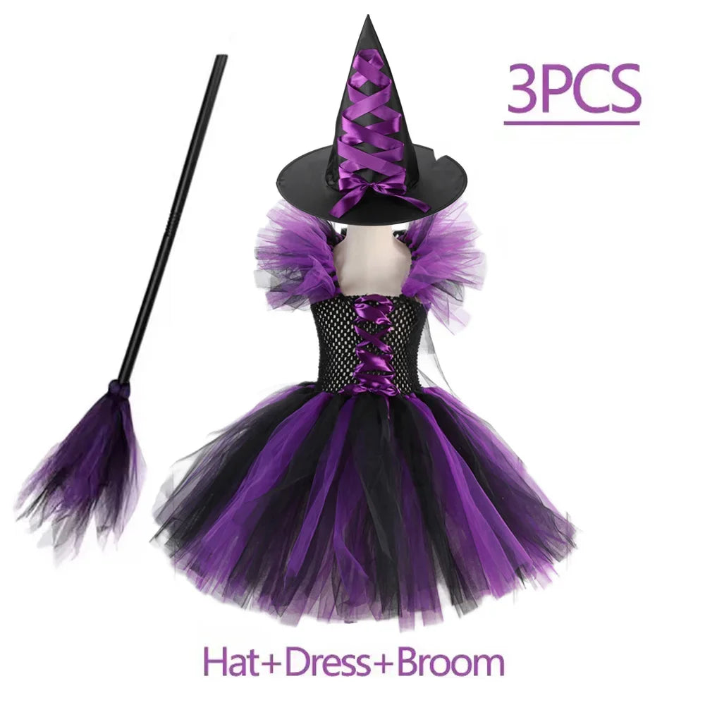 Crianças trajes de bruxa de halloween para meninas carnaval festa fantasia vestido crianças bruxas disfarce tutu roupa com vassoura chapéu