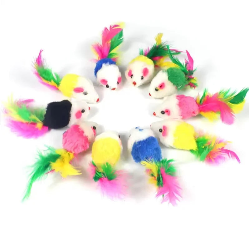 5 ou 10 Peças Brinquedos de Pelúcia para Gatos, Rato Falso de Pelo de Coelho, Rato de Pena Arco-Íris, Brinquedos Divertidos para Gatinhos de Interior, Novo Kasa & Pet