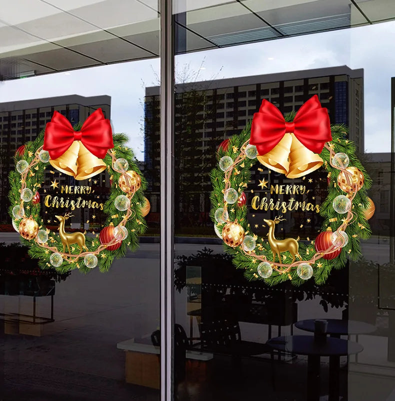 Decorações de Natal para criar um ambiente festivo, guirlanda para vitrine, autocolante estático, autocolante para vidro, autocolante com motivos de nó e sinos para janelas.