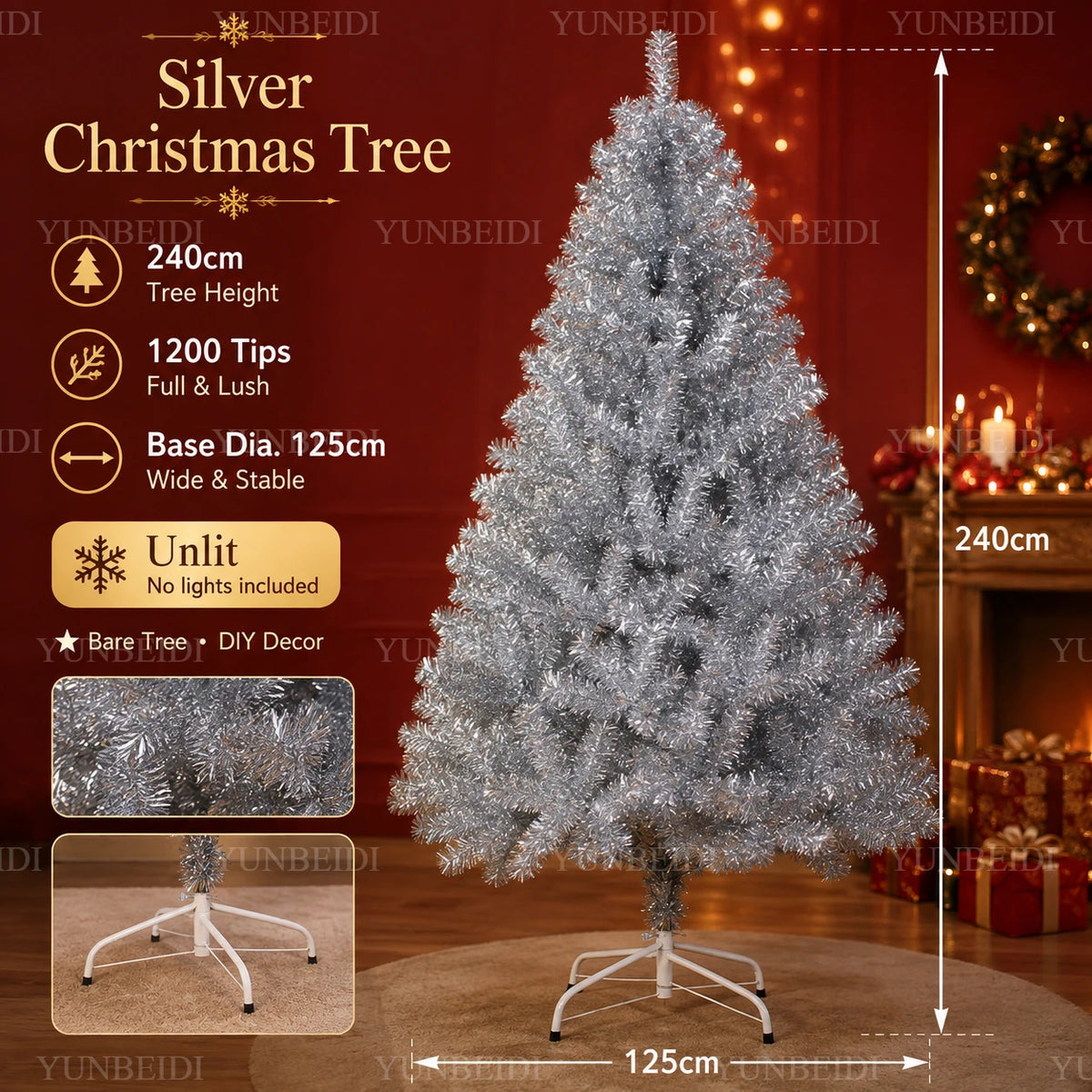 Árvore de Natal Artificial Prateada em PVC 120-240cm de Alta Qualidade com Luzes LED Quentes, Decoração para Festa de Natal em Casa