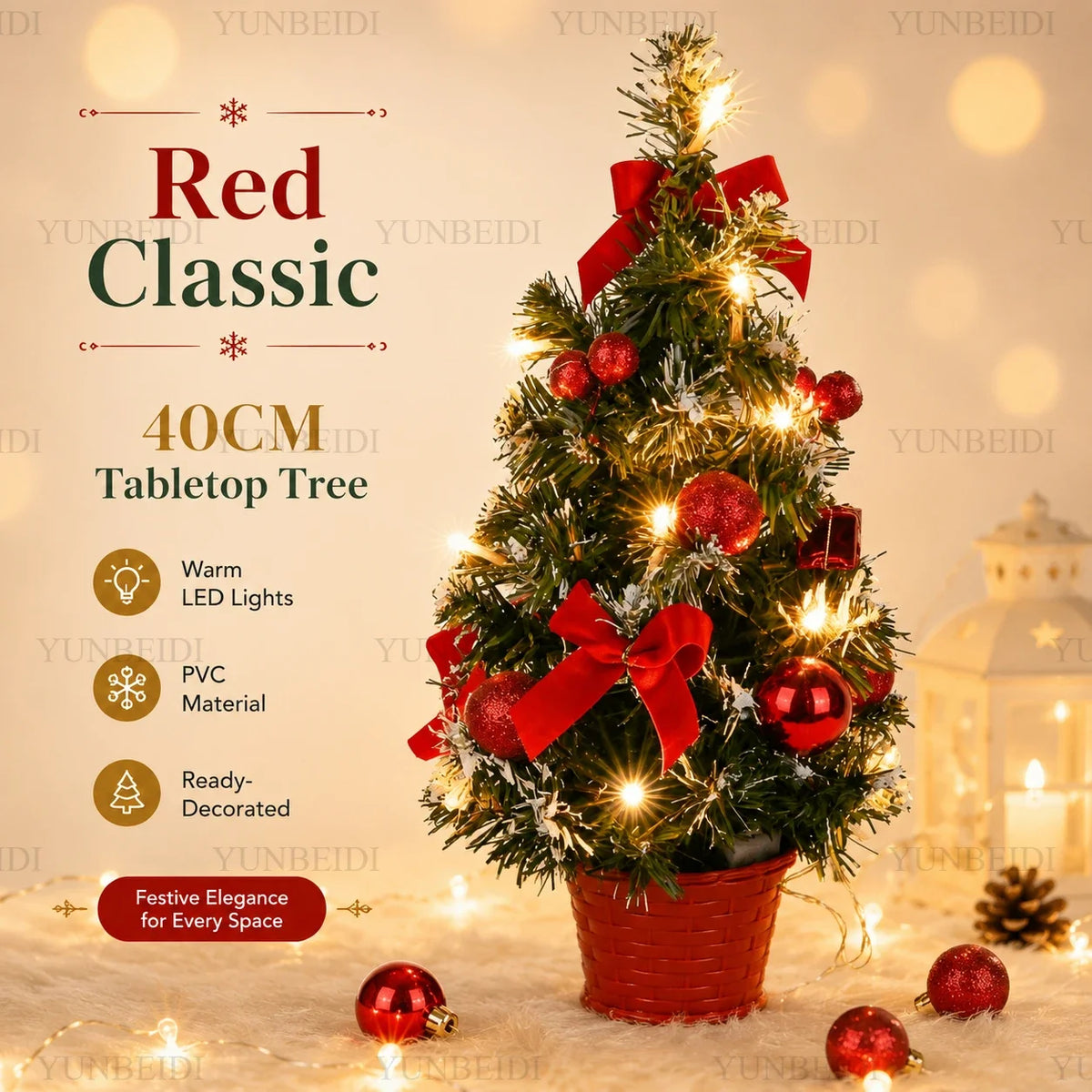Mini Árvore de Natal Artificial de 40CM com Luzes LED, Decoração de Natal para Casa e Mesa, Presente de Ano Novo
