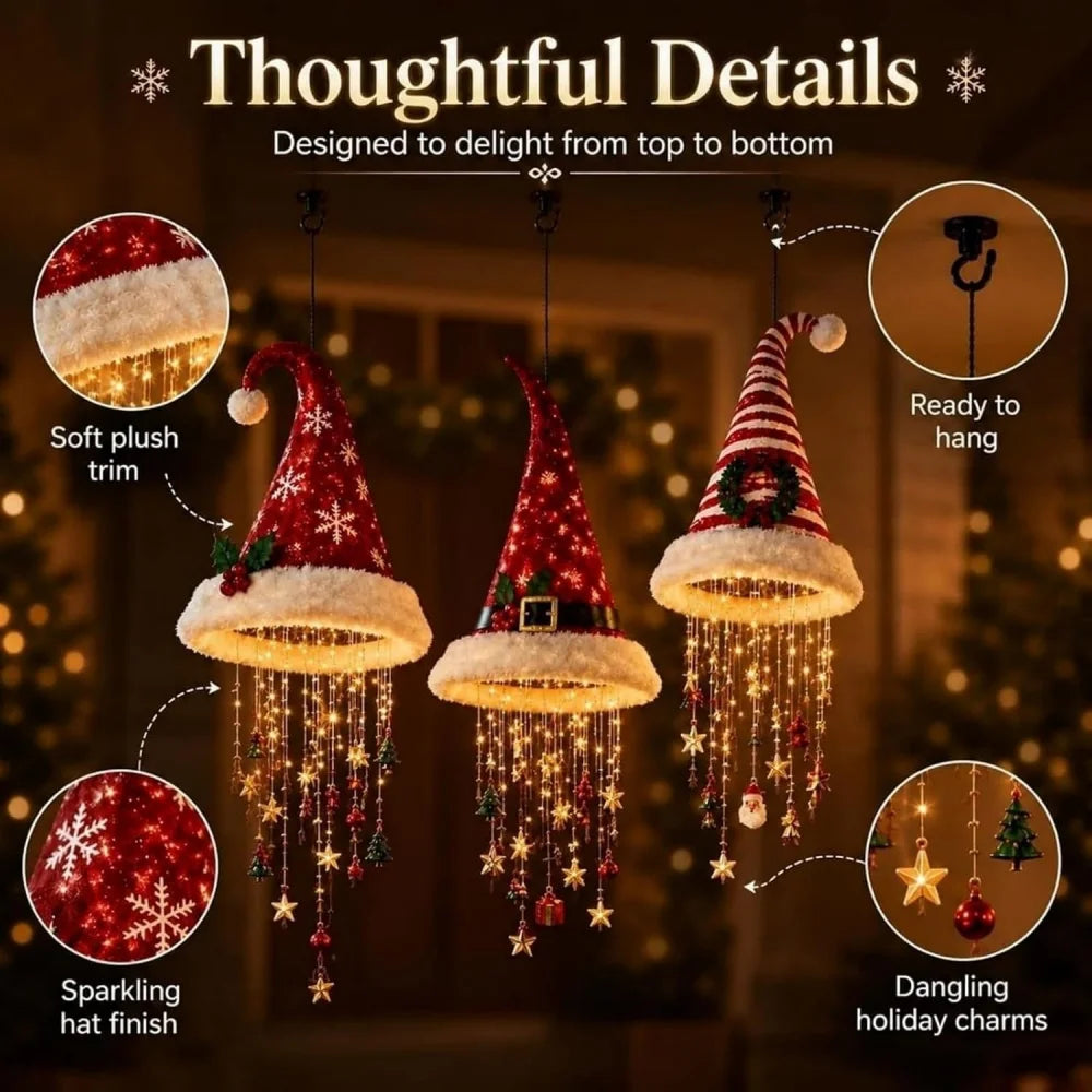 Chapéu de Papai Noel Iluminado com Flocos de Neve, Pendente para Árvore de Natal, Lanterna Suspensa, Decoração de Natal para Casa, Presentes para Festa de Ano Novo