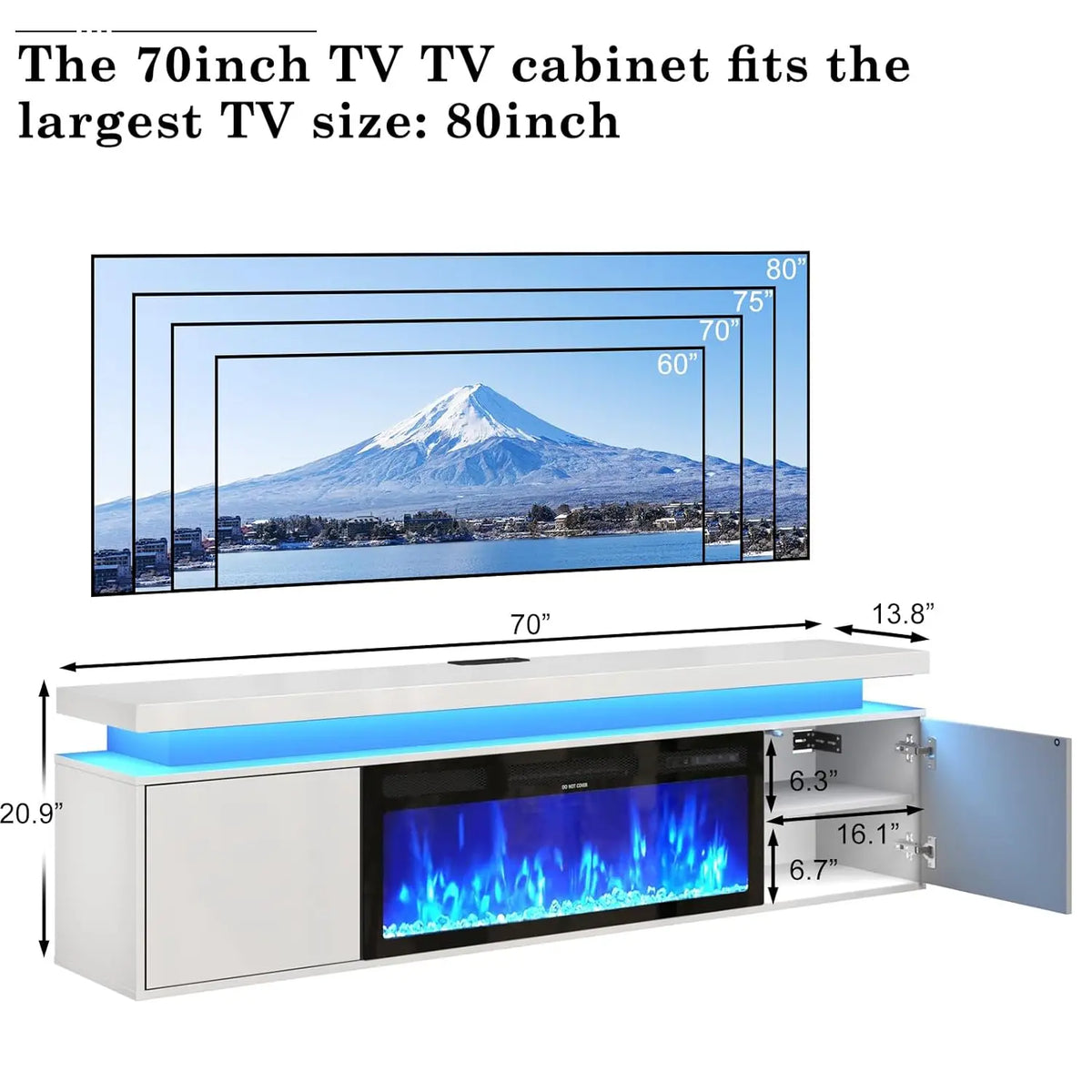 Suporte de TV Flutuante de 70 polegadas com Lareira de 36 polegadas para TVs de até 80 polegadas, Centro de Entretenimento com Lareira LED de Alto Brilho, Personalizável