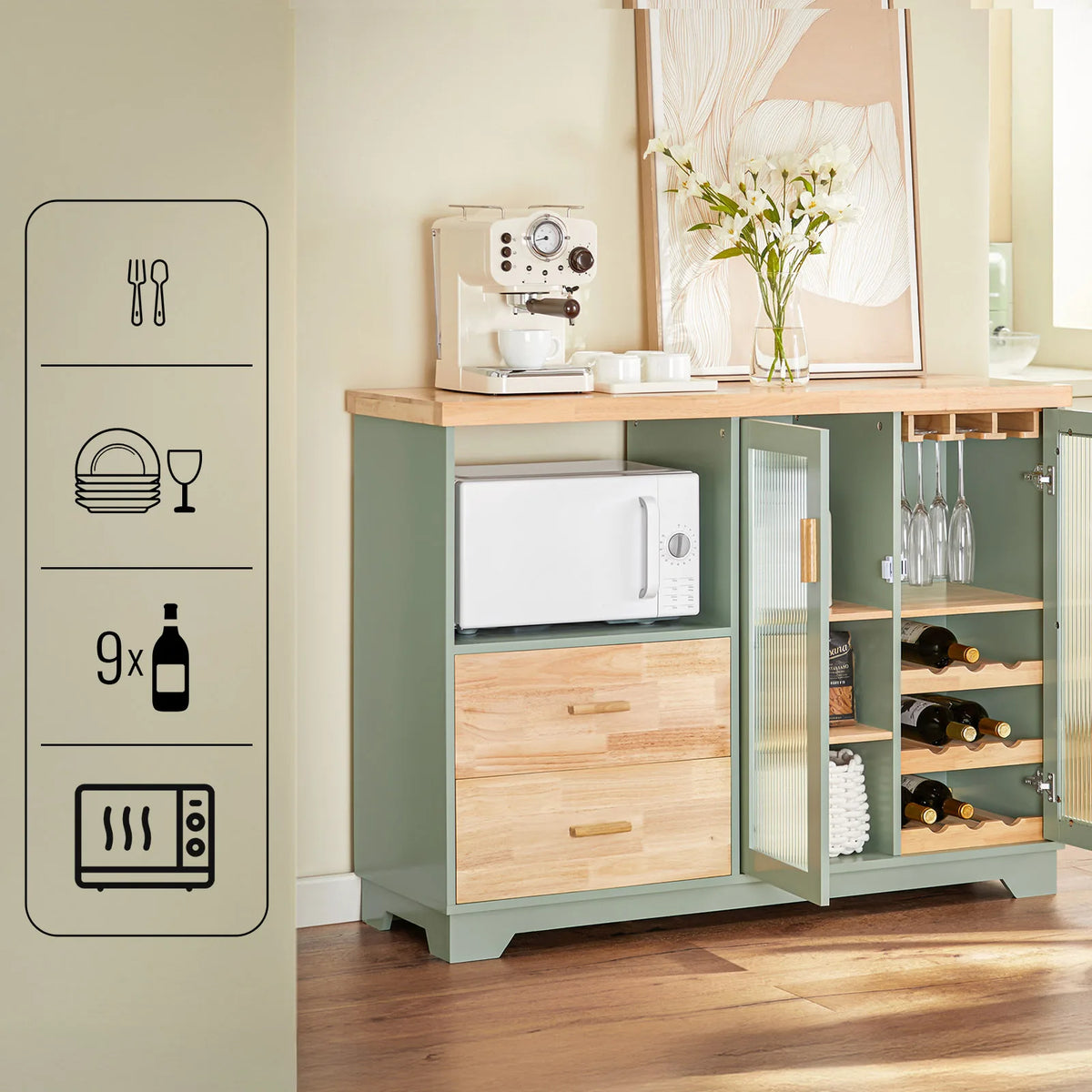 SoBuy FSB81 Buffet Buffet com 2 portas de vidro Armário de cozinha Armário de corredor Armário lateral Armário de micro-ondas