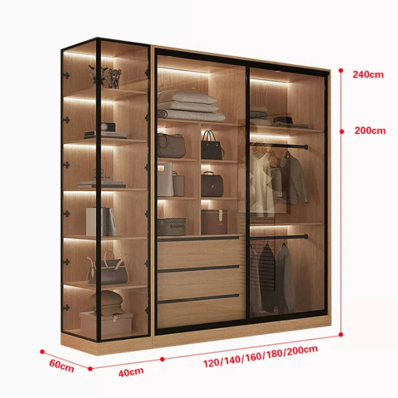 Bedroom Household Solid Wood Sliding Door Wardrobe Glass Double Wardrobes Storage Cabinet Clothes Closet Clothing Home Furniture