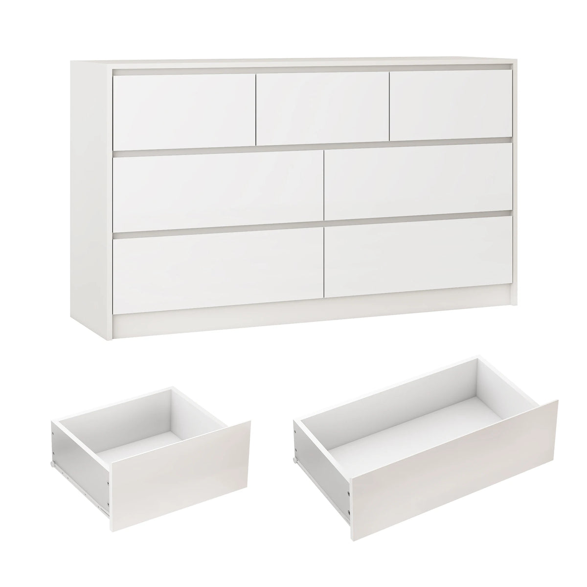 Armário de 7 gavetas com gavetas de alto brilho, grande peito de madeira, branco e preto, 55 "cômoda moderna para o quarto