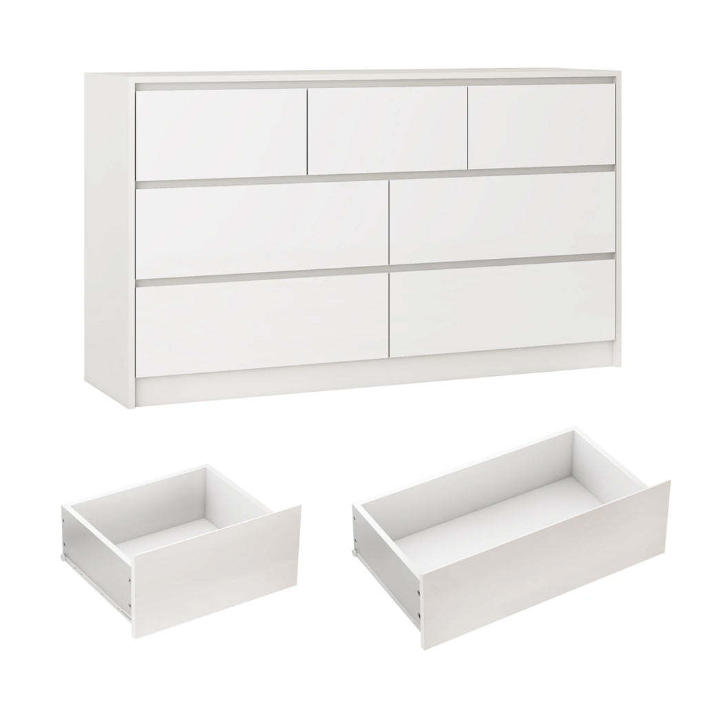 Armário de 7 gavetas com gavetas de alto brilho, grande peito de madeira, branco e preto, 55 "cômoda moderna para o quarto