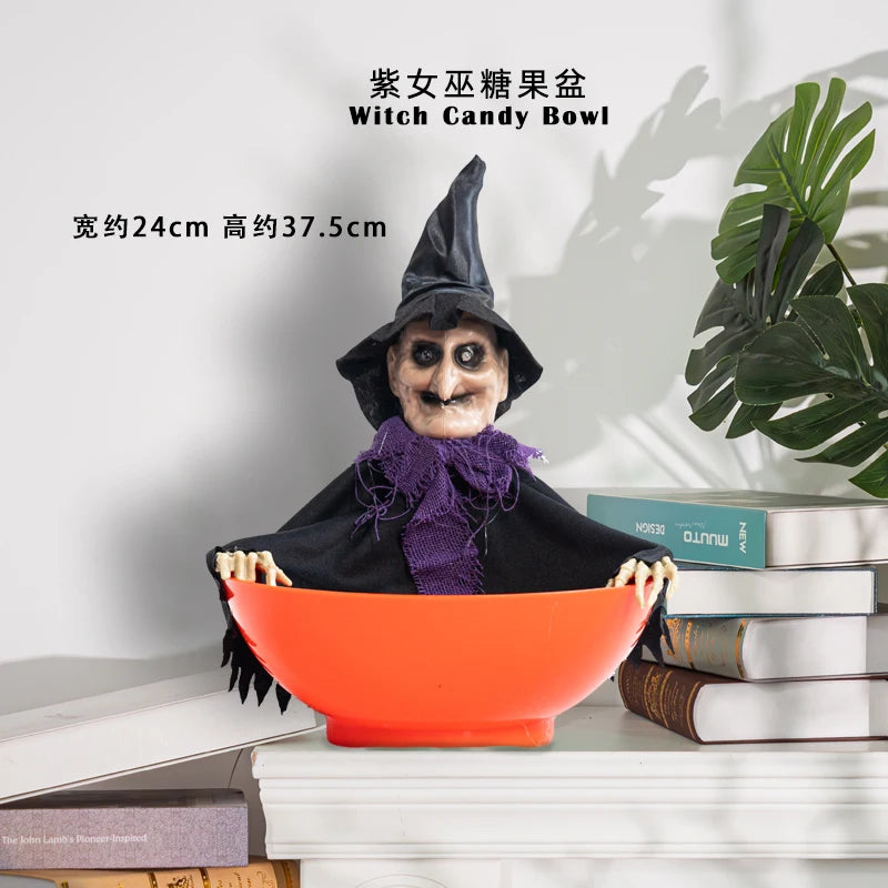 Decoração de cena de Halloween: balde de abóbora, prato de doces engraçado, adereços, enfeites, decorações de atmosfera de evento, decoração de bar