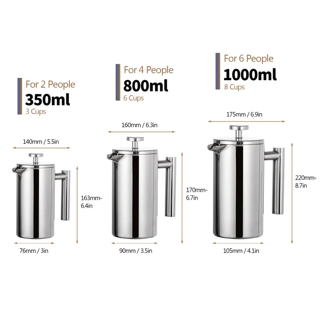Cafeteira Francesa de 350ml/800ml/1000ml em Aço Inoxidável com Parede Dupla Isolada