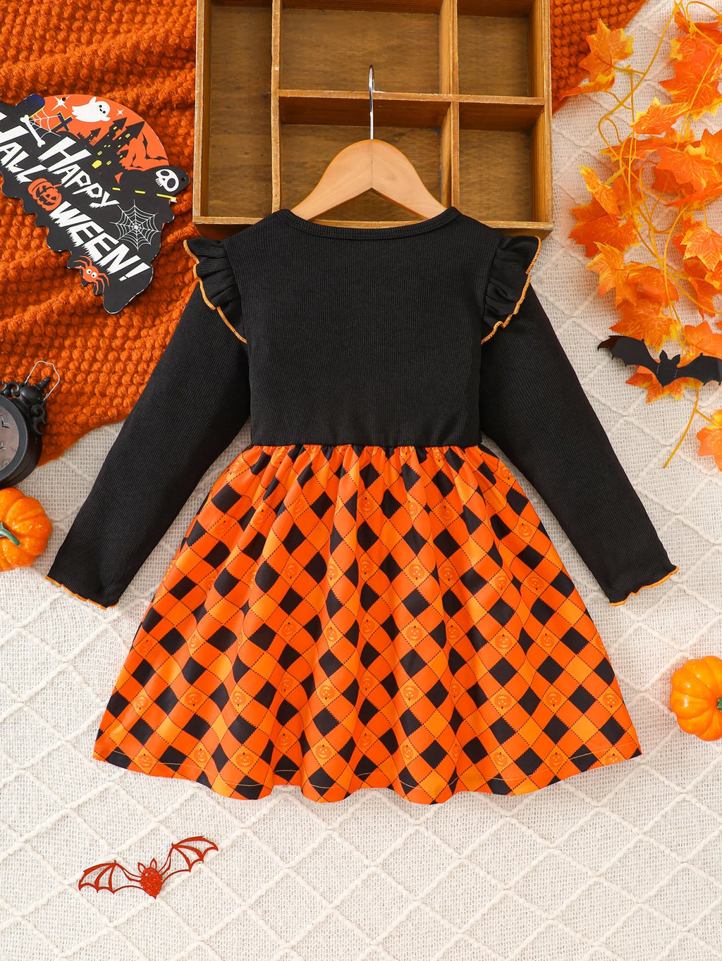 Vestido de festa de halloween para meninas, padrão de losango de abóbora, tecido canelado costurado, vestido de manga comprida adequado para meninas de 1 a 8 anos