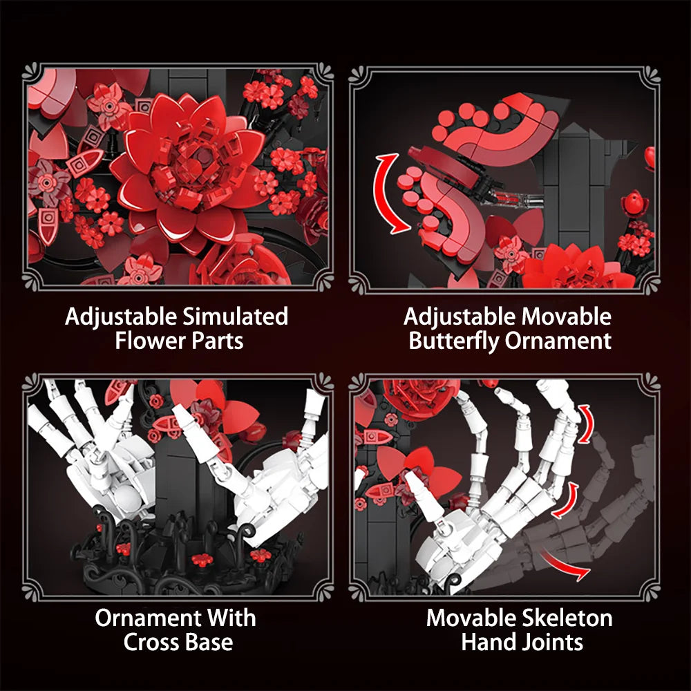 Decoração de Mesa Gótica Escura para Halloween: Brinquedo de Blocos de Montar Mão de Esqueleto com Rosa e Cruz – Ornamento Assustador, Presente Criativo DIY para Adultos