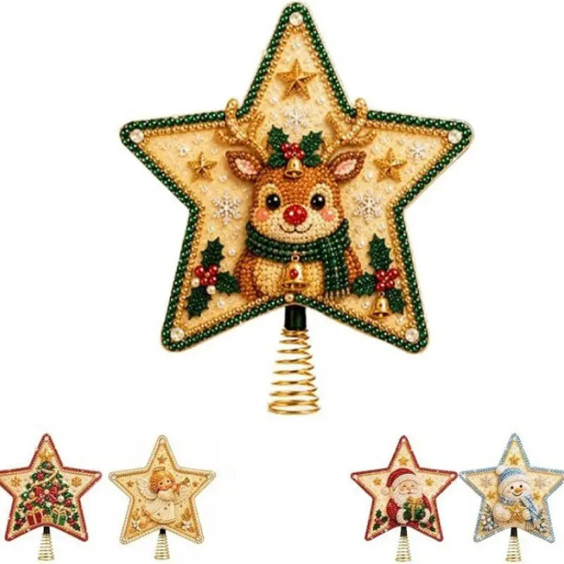Enfeite de Árvore de Natal com Pintura de Diamantes, Topo de Árvore em Forma de Estrela, Papai Noel DIY, Pintura com Pérolas e Gemas, Base Espiral, Decoração para o Topo da Árvore de Natal