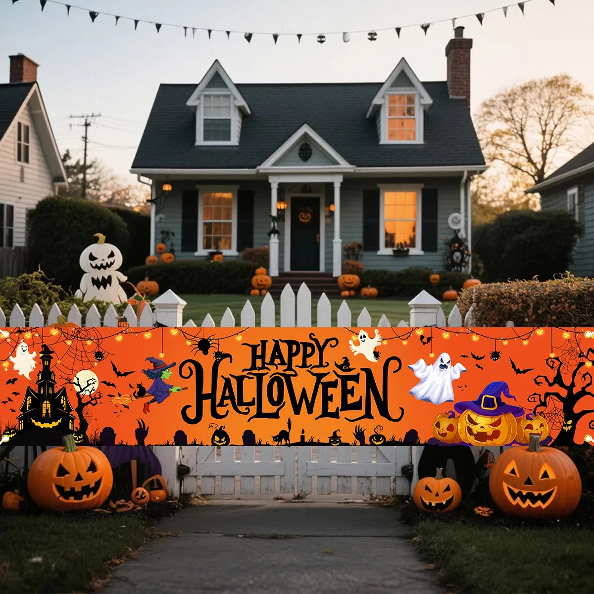 Feliz dia das bruxas banner halloween abóbora festa sinais tema assustador banner decorações cerca quintal varanda sinal ao ar livre decoração de terror