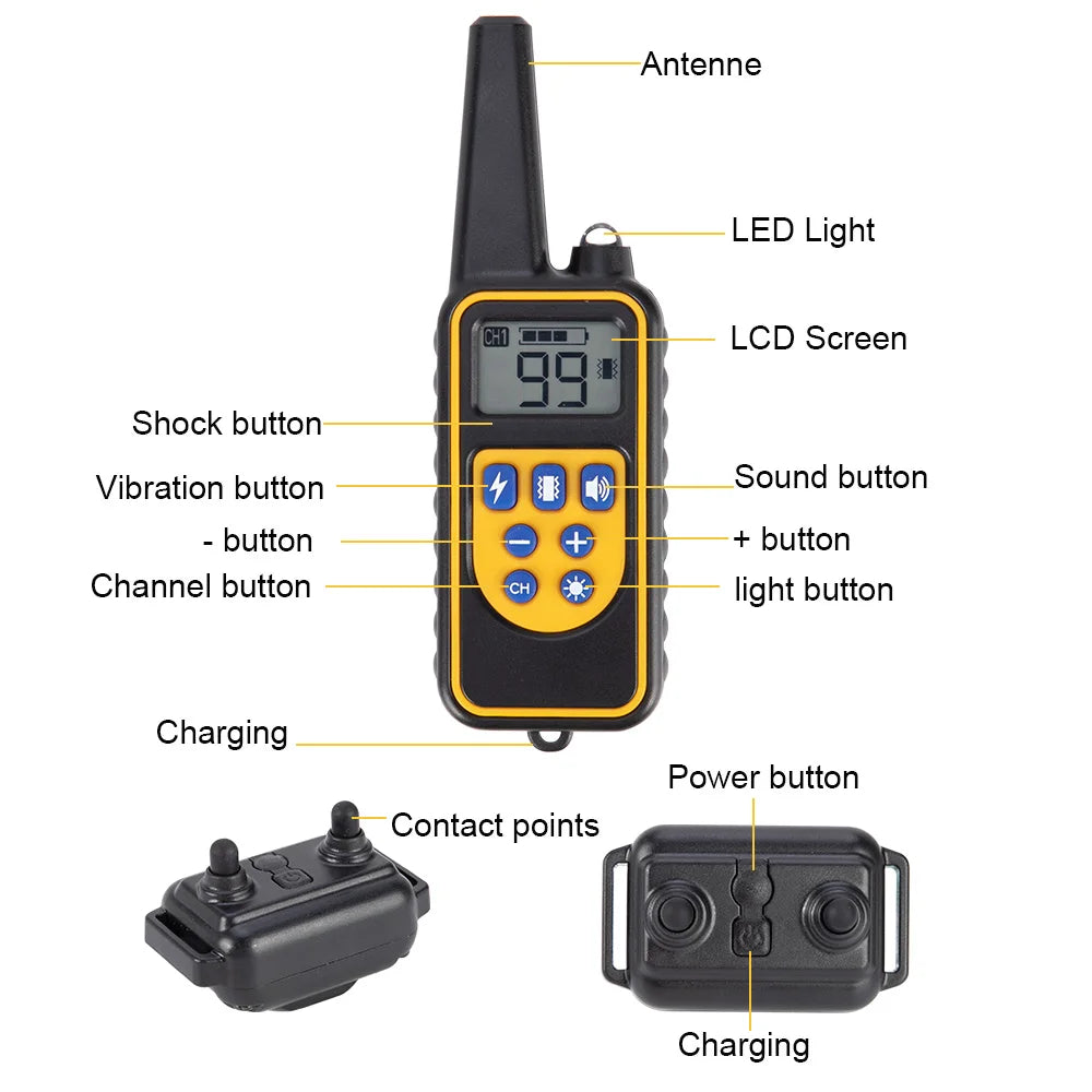 Coleira de Treinamento para Cães PUPOPAN 800m à Prova d'Água Recarregável com Controle Remoto e Display LCD para Todos os Tamanhos com Choque, Vibração e Som