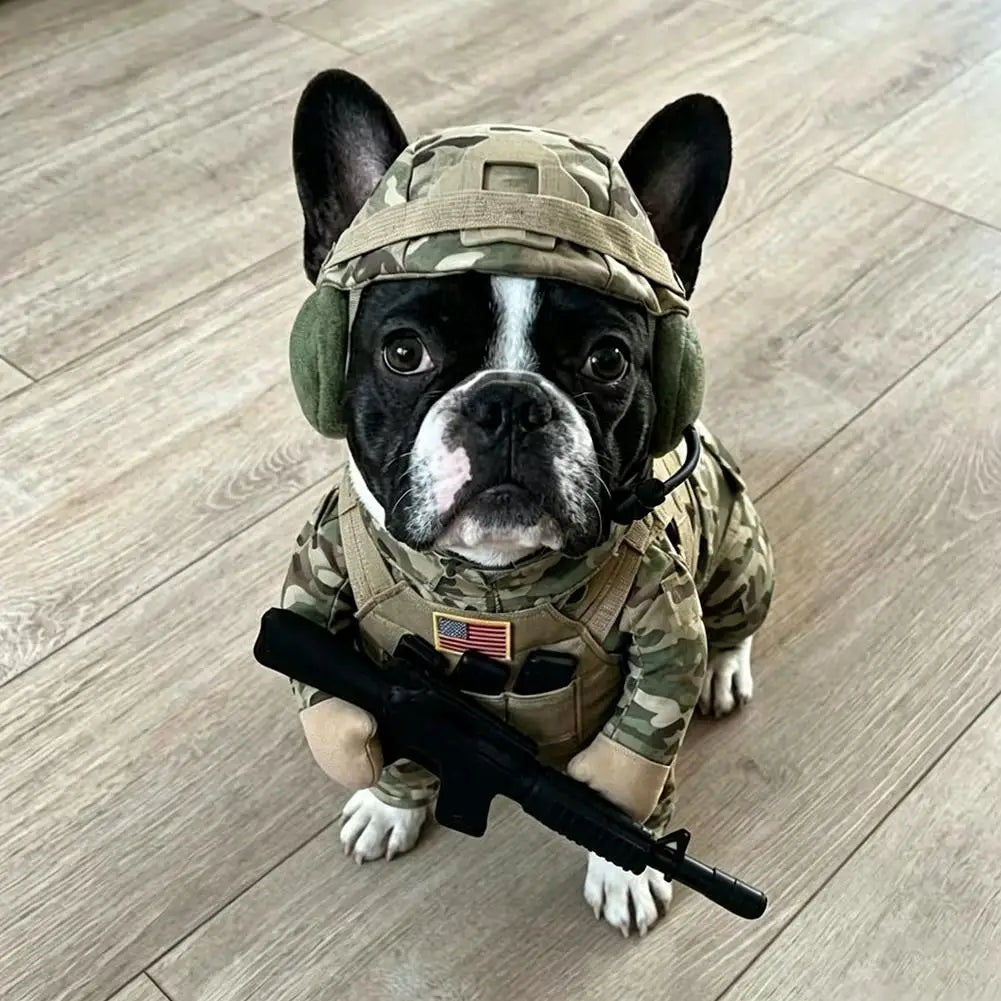Uniforme tático para animais de estimação, fantasia de soldado para Halloween para cães e gatos, arnês tático para cães com chapéu, roupa militar divertida.