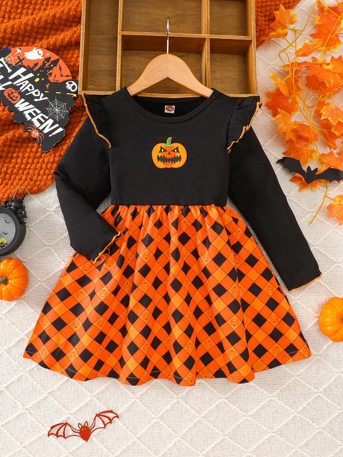 Vestido de festa de halloween para meninas, padrão de losango de abóbora, tecido canelado costurado, vestido de manga comprida adequado para meninas de 1 a 8 anos