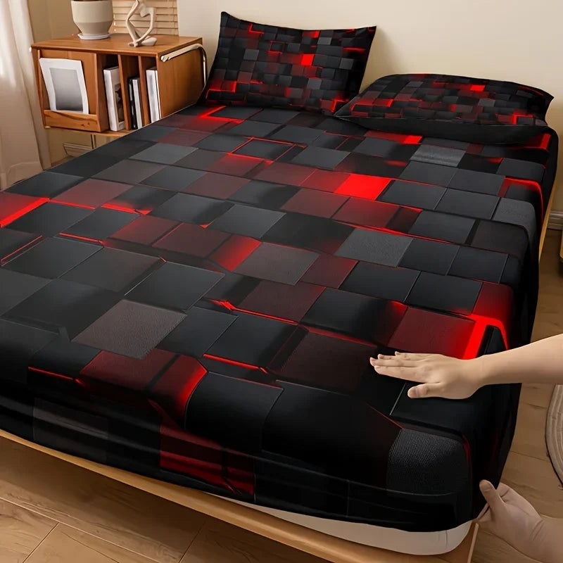Moda Tecnologia-Inspirado Xadrez Vermelho Conjunto de Folhas, Cama Soft Impressão HD para Dormitório Casa, 1 Folha Equipada + 2 Fronha