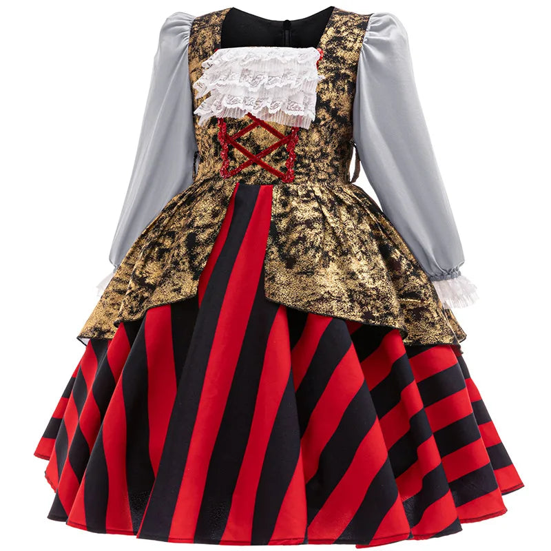 Menina cosplay pirata traje criança listrado rendas vestido de princesa para crianças capitão desempenho halloween carnaval festa fantasia outfit