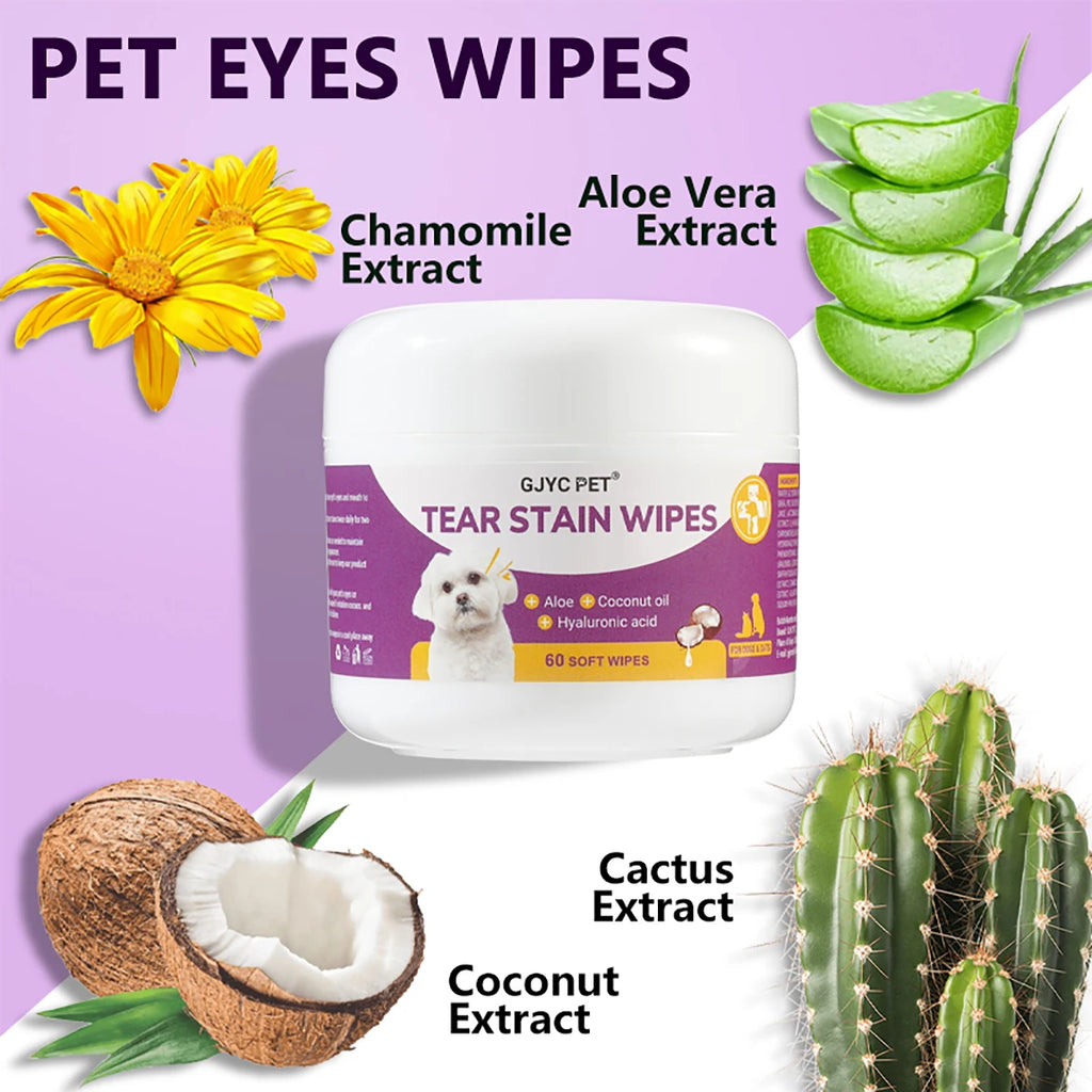 1 pacote de lenços umedecidos suaves para animais de estimação - extratos de plantas sem irritação removedor de manchas para cães gatos portáteis essenciais para cuidados com os olhos