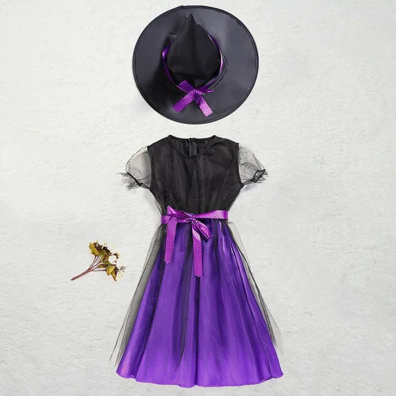 Fato de bruxa até o joelho para meninas, vestido de Halloween, roupa de cosplay malvada, manto de criança disfarçado de mago, todo o dia do santo, 1-12 anos