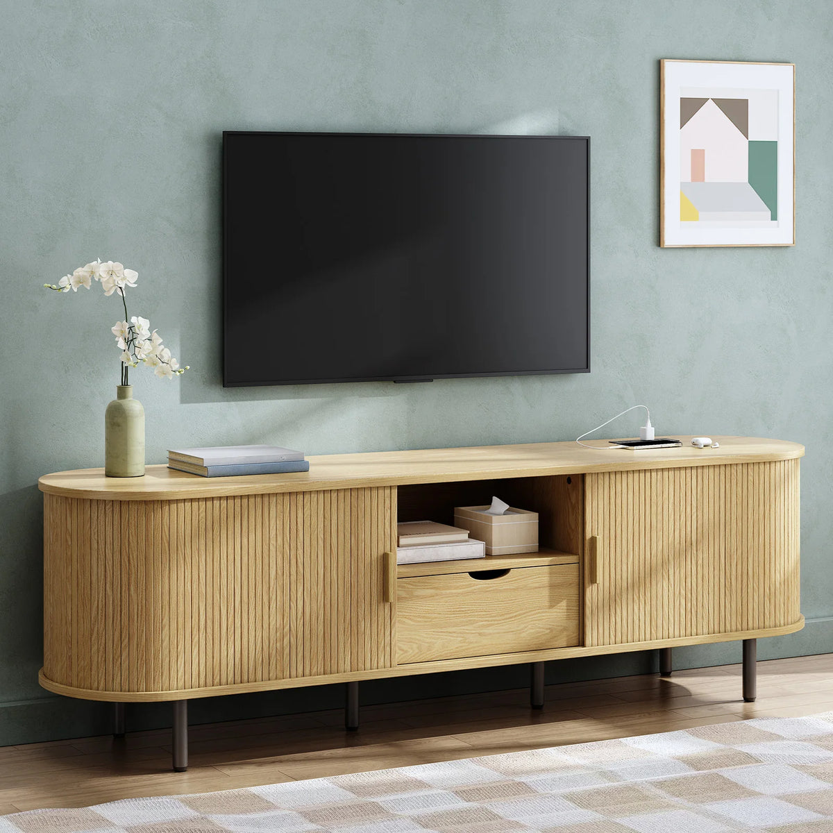 Suporte de TV de 69" com tomada de energia para TVs de até 80", centro de entretenimento com armazenamento e gaveta, console de TV com prateleiras ajustáveis