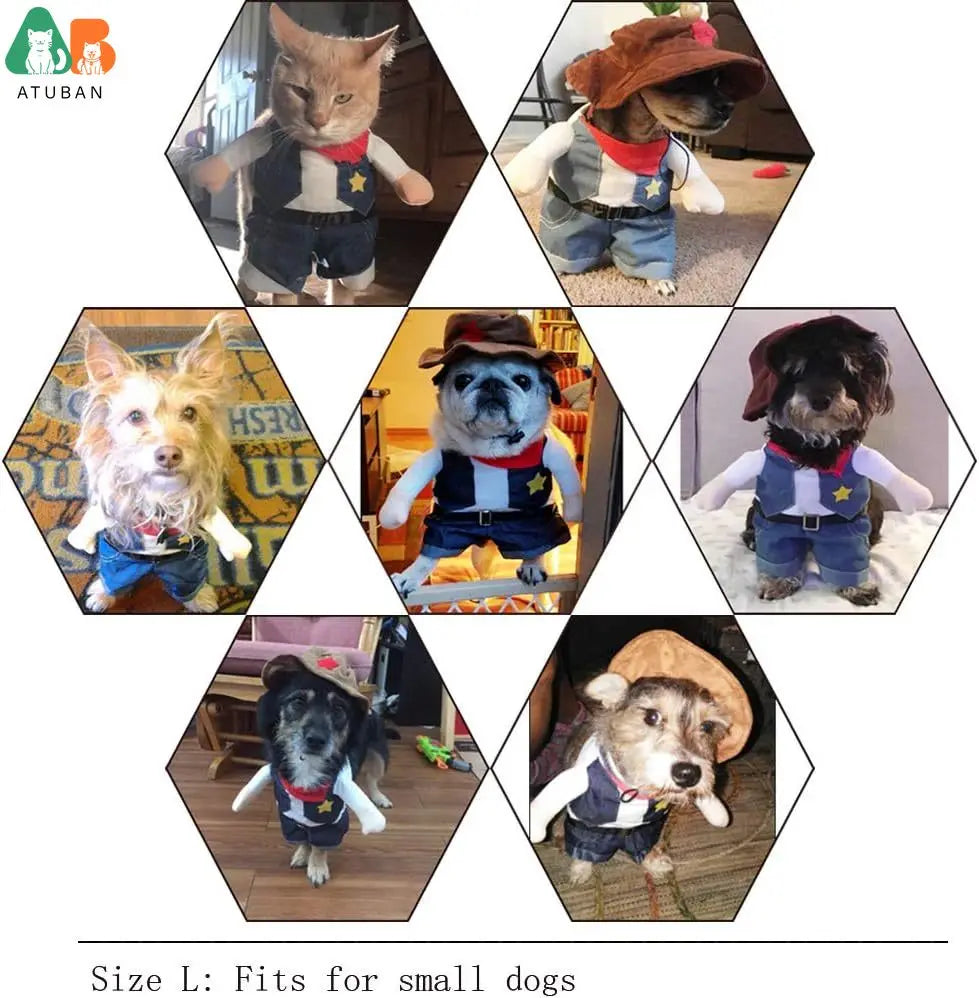 Trajes de Halloween para cães e gatos, uniforme de cowboy ocidental com chapéu, roupa engraçada de cowboy para animais de estimação, fantasia engraçada para gatos e cães pequenos