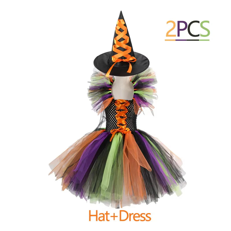 Fantasia de Bruxa para Meninas, Vestido de Tule em 3 Cores com Chapéu Pontudo, Fantasia de Carnaval para Crianças