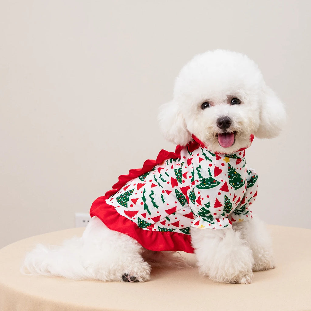 Vestido de Natal para Pets com Estampa de Árvore de Natal, Saia com Babados, Roupa de Festa para Cães e Gatos de Pequeno e Médio Porte, Fantasia Fofa para Pets