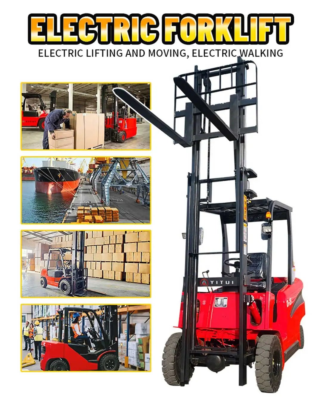 Empilhador elétrico de 1,5 toneladas, alimentado por bateria, para manuseio de cargas em armazéns, com certificação CE, modelo personalizável. - Kasa & Pet