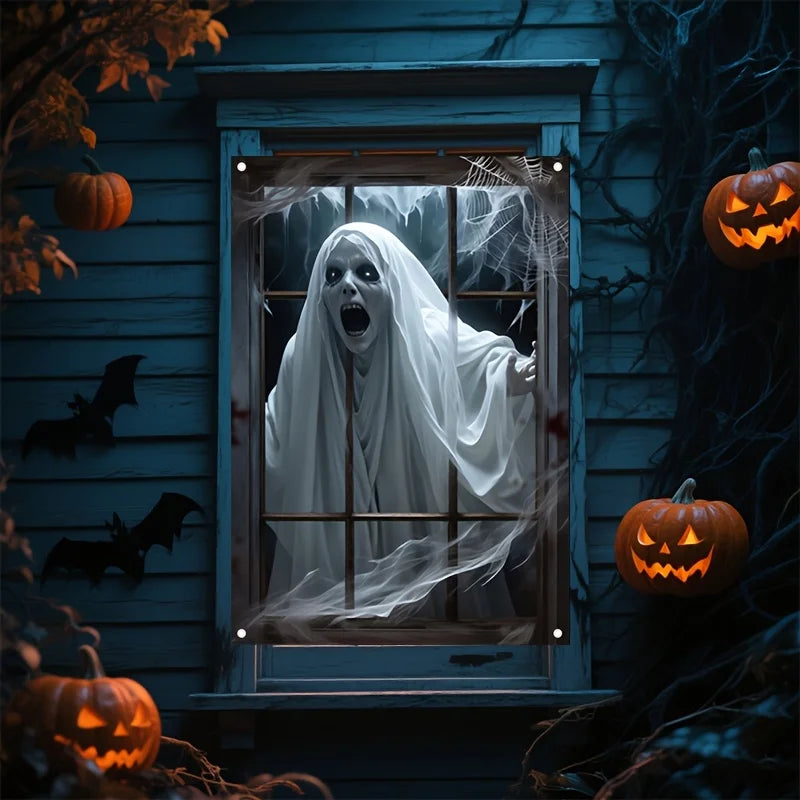 Decoração de banner para janela de Halloween, design de peça única, com padrões de fantasmas aterrorizantes, feito de tecido de poliéster.