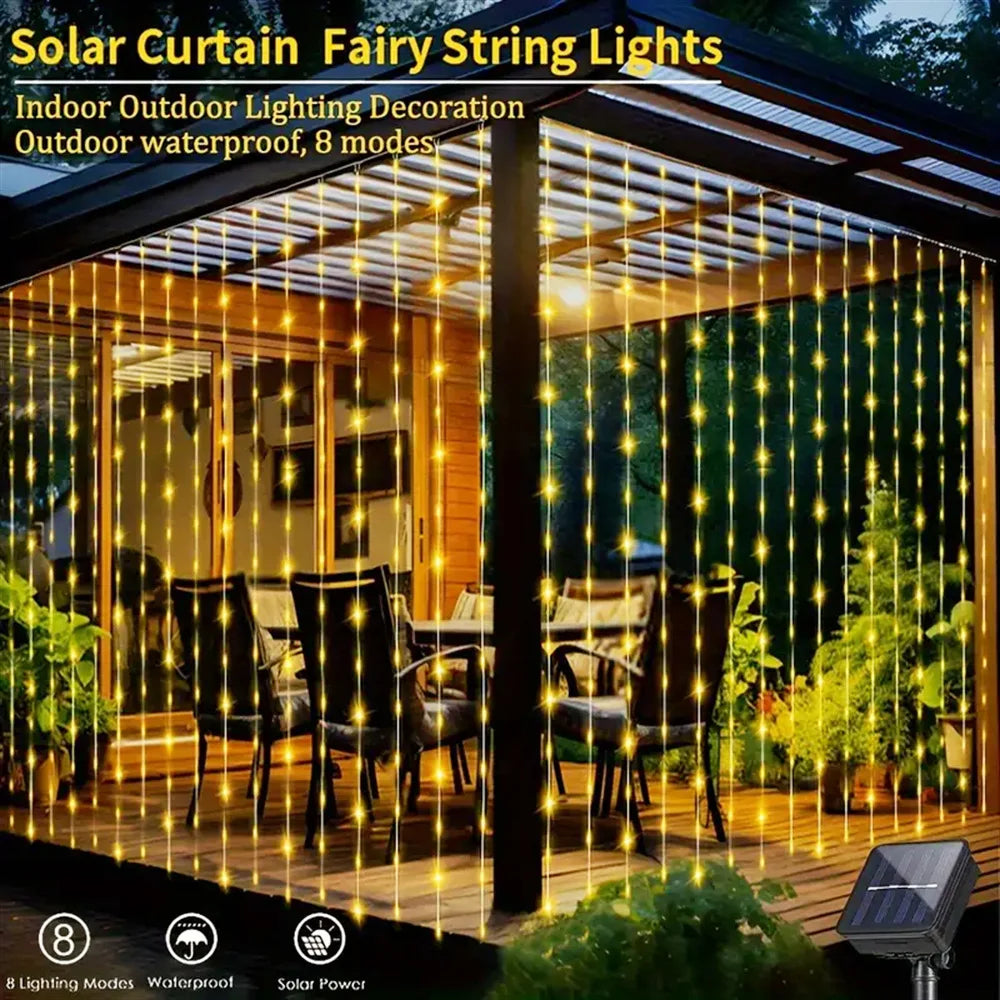 Solar led cortina de luz ao ar livre guirlanda solar fada luz da corda fio cobre lâmpadas para jardim quintal festa casamento decoração do feriado