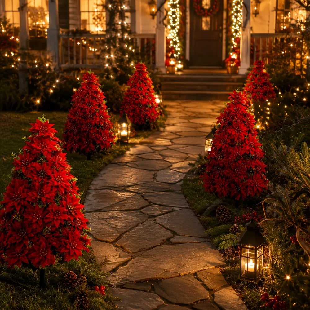 Árvore de Natal artificial com poinsettias e estaca para fixar no chão, ideal para vasos de jardim, canteiros de flores, degraus de entrada