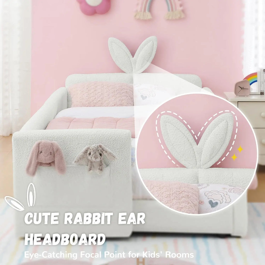 Cama Plataforma Tamanho Twin, Cabeceira Estofada Boucle com Orelhas de Coelho, com Bolso e Grade de Proteção para Quarto Infantil, Bege, Personalizada