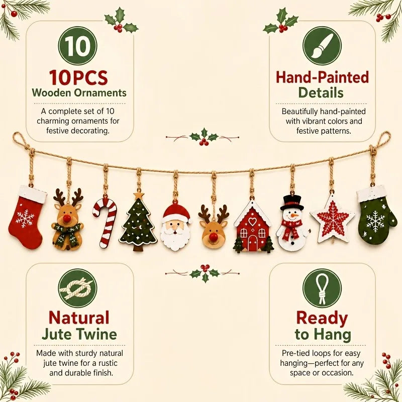 10 peças de decoração de madeira de Natal, Papai Noel, renas, árvore de Natal, estrelas, etc., decoração para festas de inverno/Natal em casa.
