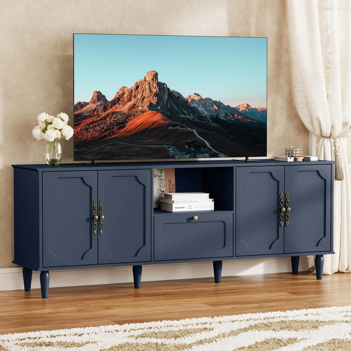 Móvel de TV de estilo vintage para televisores de 75 polegadas, consola de TV preta para a sala de estar. Kasa & Pet