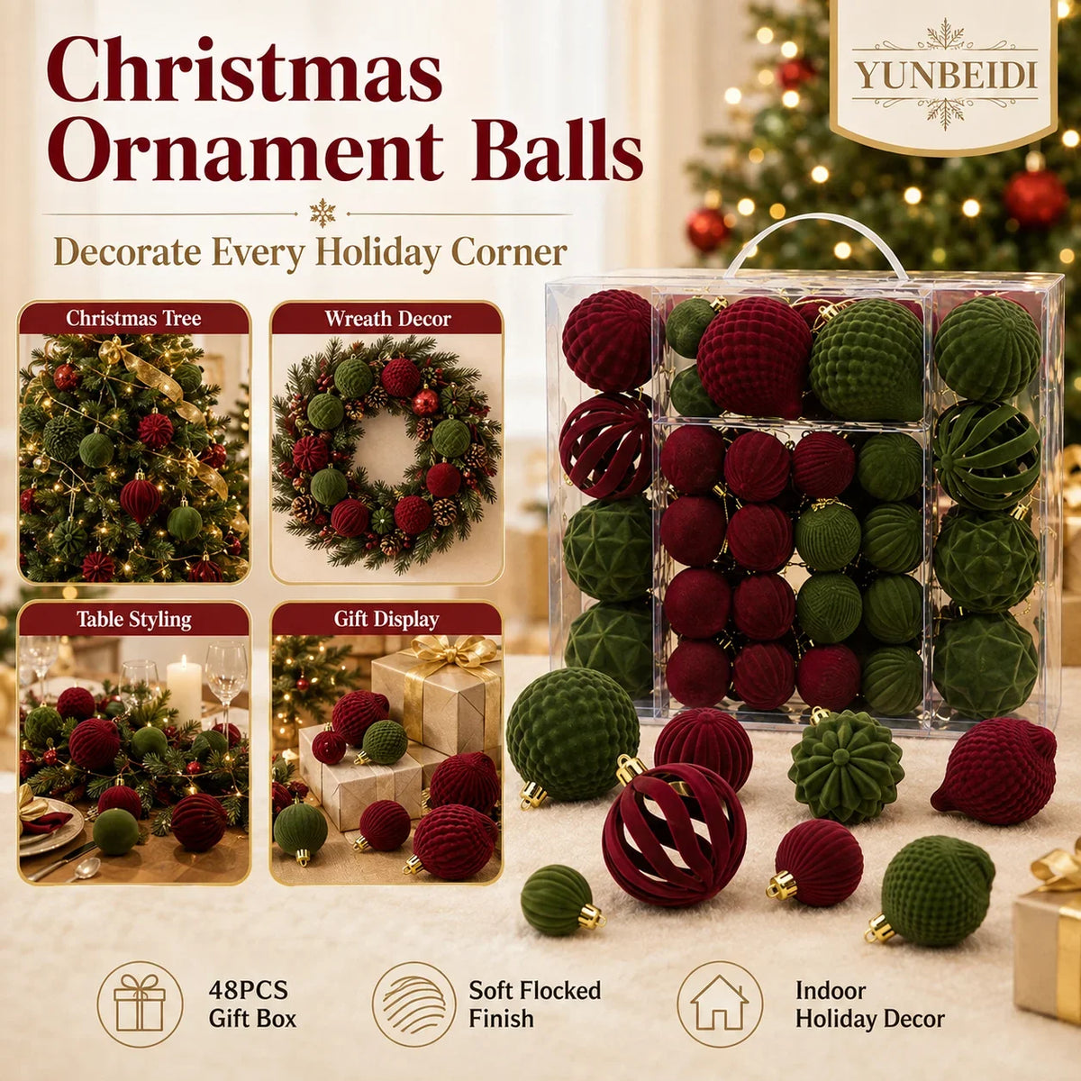 Conjunto de Bolas de Natal de Veludo 48 Peças, Enfeites Plásticos Flocados para Decoração de Árvore de Natal DIY, Decoração Suspensa para Festas e Casa