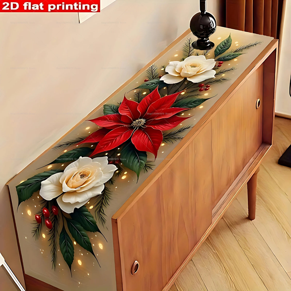 Decorações de Natal, toalha de mesa com estampa de poinsettias e pinhas, toalha de mesa de poliéster, decoração de mesa para festas de Natal e refeições de inverno.