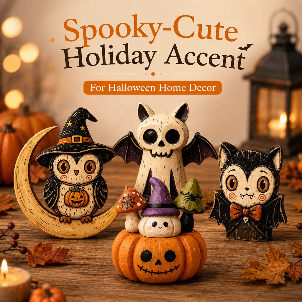 Decoração de Mesa de Madeira para Halloween, Figuras Pintadas à Mão de Coruja, Fantasma, Abóbora e Gato Vampiro para Decoração de Prateleira e Festa