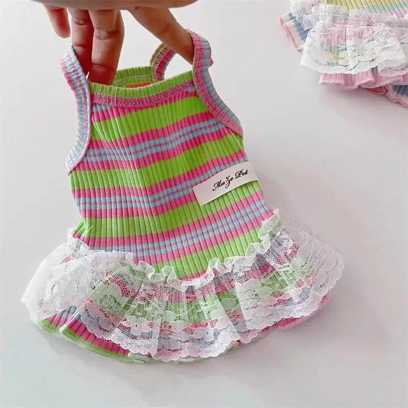 Pet primavera listrado cinta superior cão gato roupas bonito princesa saia pequeno cão teddy colete fino topo filhote de cachorro roupas