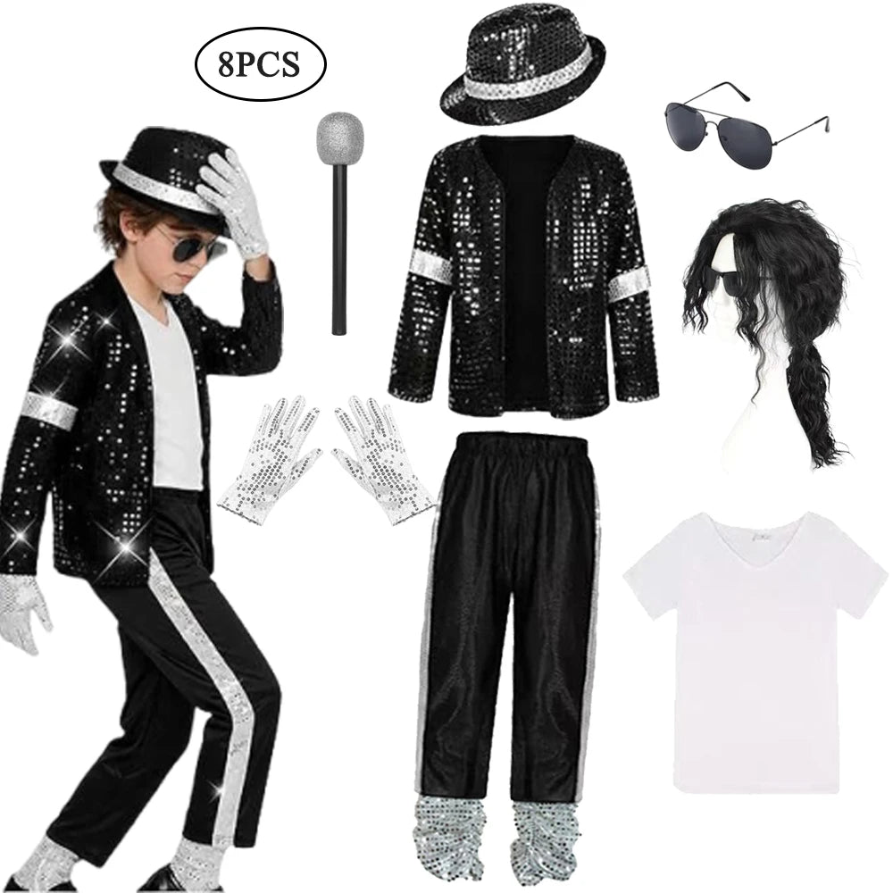 Fantasia de Halloween para Crianças, Traje de Superestrela Cantor Michael Jackson, Roupa de Performance de Dança, Fantasia Infantil para Meninos e Meninas