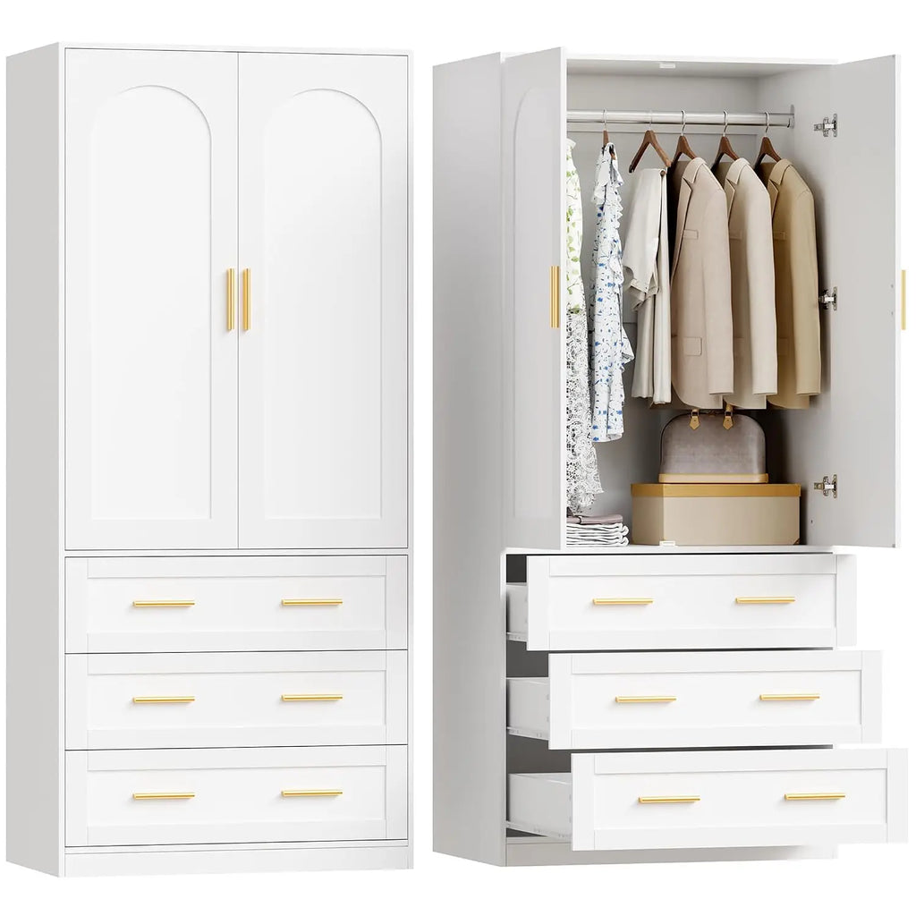 Guarda-roupa de madeira com 3 gavetas e varão para pendurar, 2 portas, armário independente para roupas no quarto, 71", personalizável