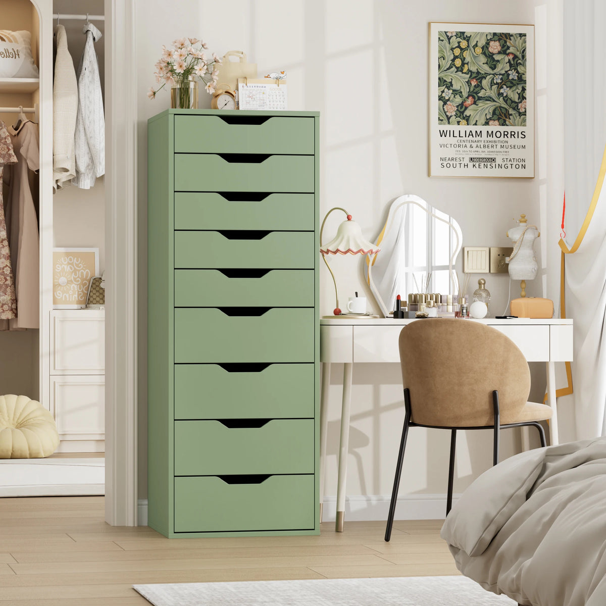 Getone Cômoda Quarto, Cômoda alta, Armário de armazenamento branco, Armário alto com 9 gavetas para sala de estar 124,3x45x40cm