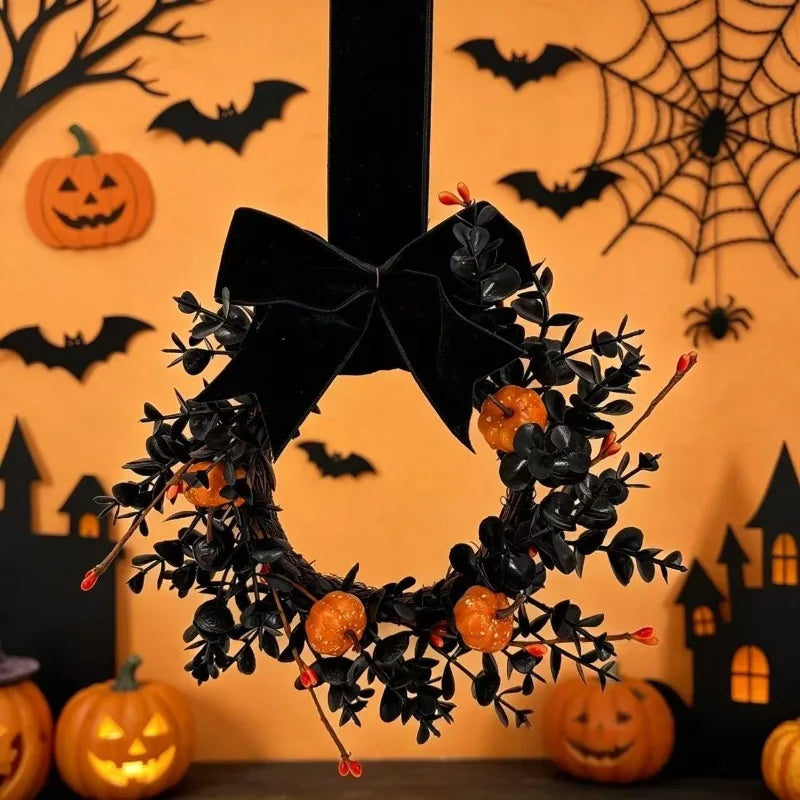 Guirlanda de Abóbora de Halloween com Laço, Guirlanda de Frutas Vermelhas de Outono, Decoração para Porta da Frente