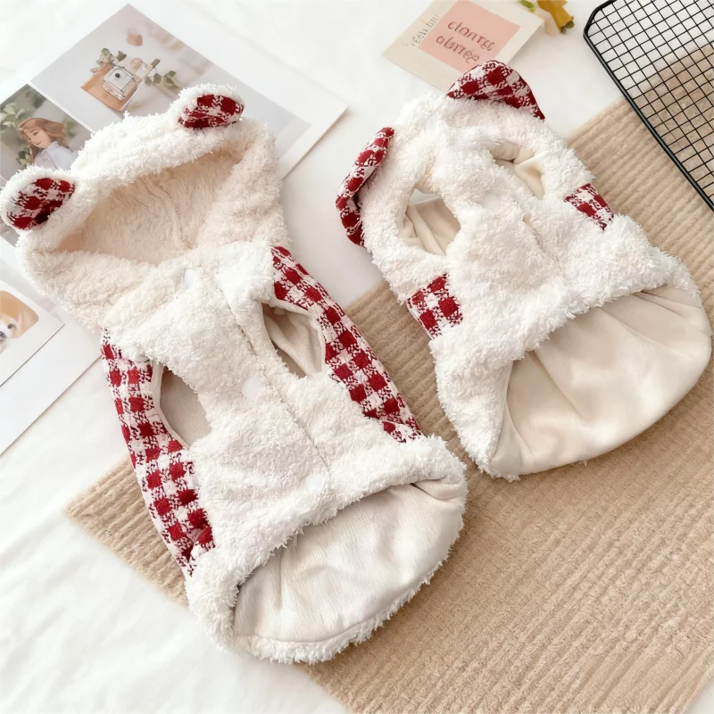 Quente de pelúcia cão com capuz jaqueta bonito arco vestido do cão casaco inverno animal de estimação filhote de cachorro traje vermelho xadrez gato jaqueta casaco pet cardigan roupas para cães