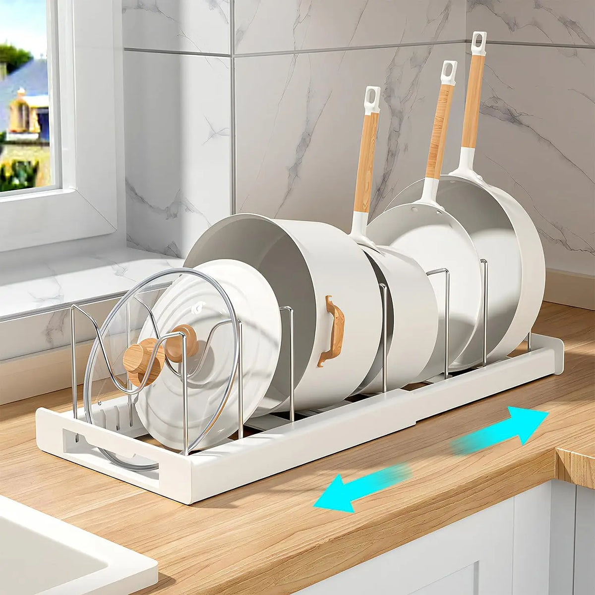Organizador de Utensílios de Cozinha Expansível com 7 Compartimentos Ajustáveis, Suporte para Panelas, Organizador de Armário