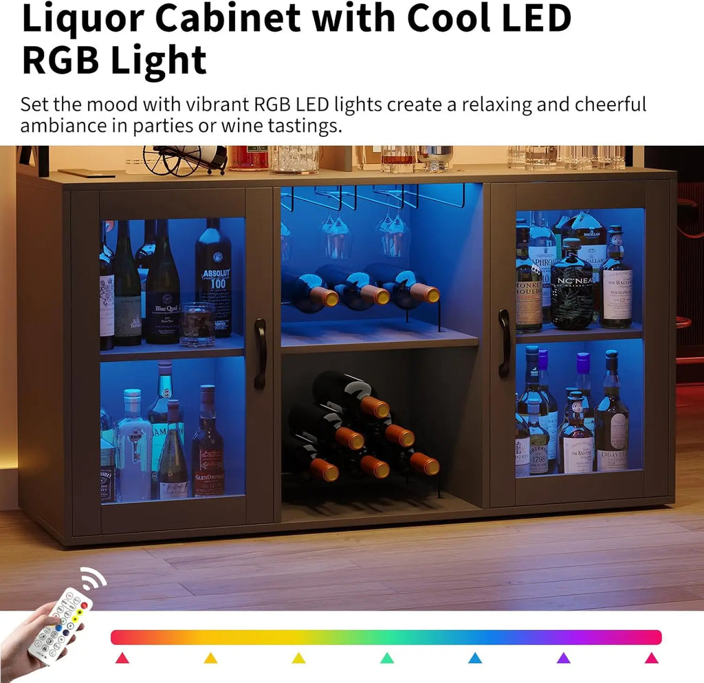 Armário de Vinhos com Iluminação LED e Tomadas, Armário de Bebidas Estilo Fazenda, Aparador de Madeira com Prateleiras para Vinhos e Suporte para Copos para Cozinha, Sala de Jantar, Sala de Estar